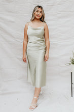Load image into Gallery viewer, MONICA  COWL NECK SATIN MIDI DRESS
