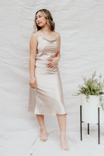 Load image into Gallery viewer, MONICA  COWL NECK SATIN MIDI DRESS
